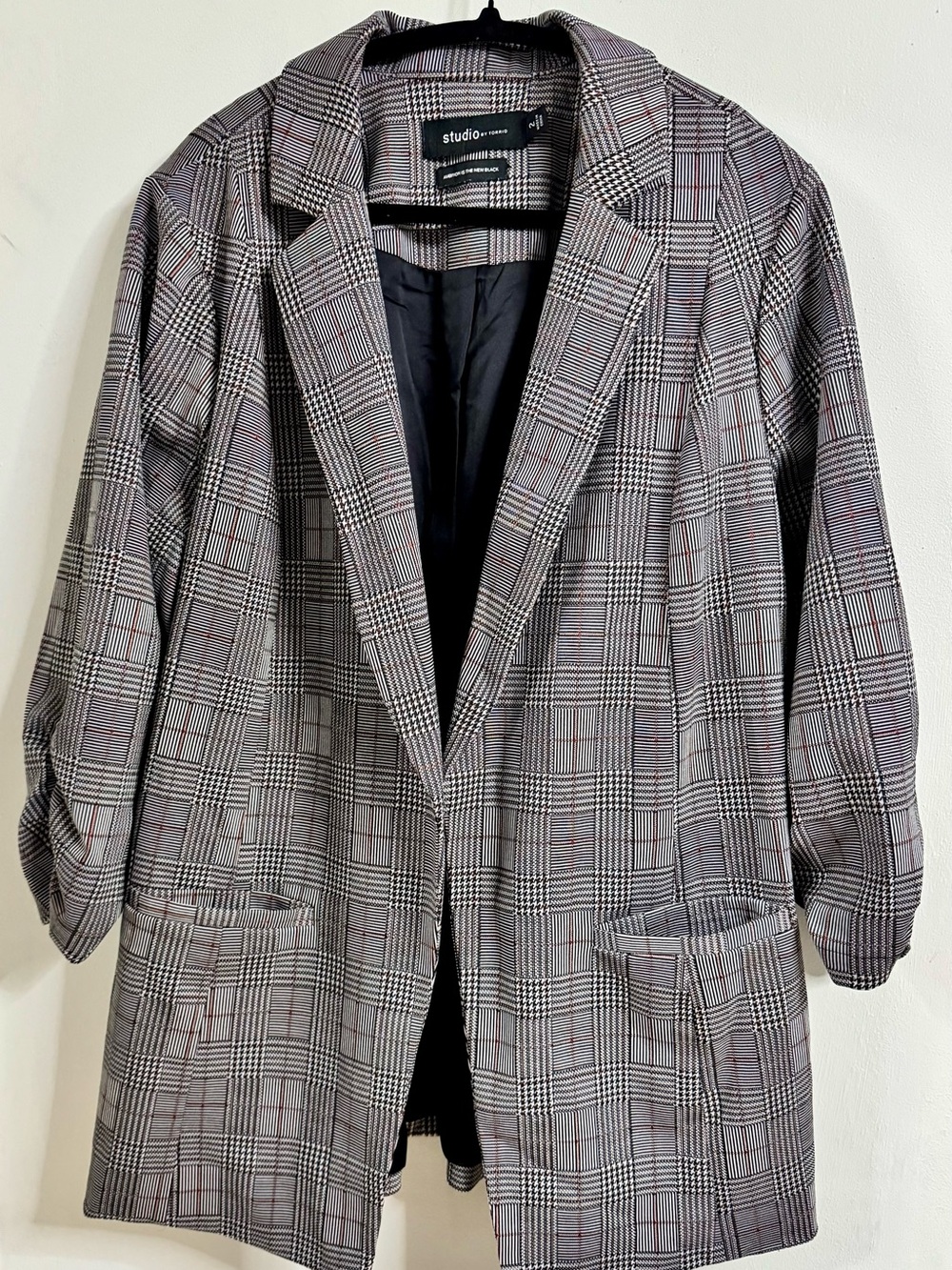 torrid Plaid Oversized Blazer in Black, Gray and White with Subtle Red Accent